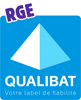 Logo officiel RGE QUALIBAT bleu. Certification française, label de fiabilité des professionnels pour la rénovation énergétique.