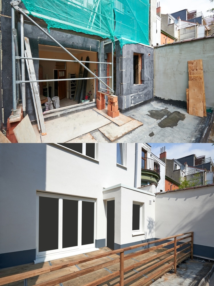 Rénovation Extérieure Avant-Après : Façade et Terrasse Avant-après rénovation d'une façade avec isolation extérieure, nouvelles fenêtres et terrasse en bois sur cour.